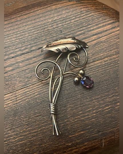 Vintage Van Dell 12k gold filled amethyst leaf flower brooch 1950s