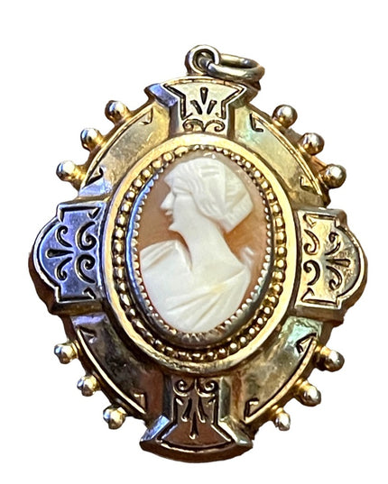 Vintage ornate etched gold and silver finish Shell cameo locket pendant