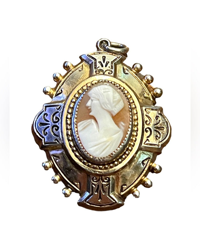 Vintage ornate etched gold and silver finish Shell cameo locket pendant