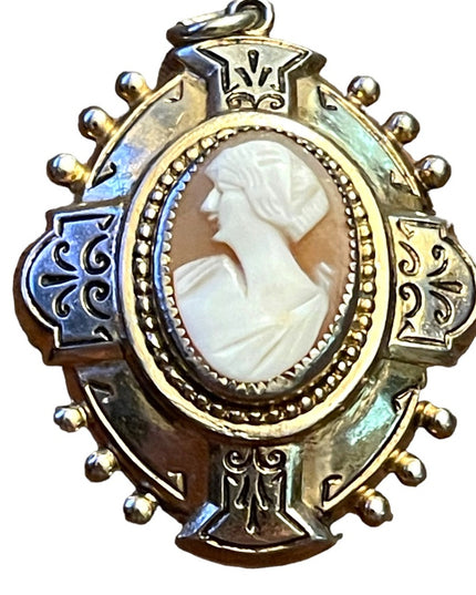 Vintage ornate etched gold and silver finish Shell cameo locket pendant