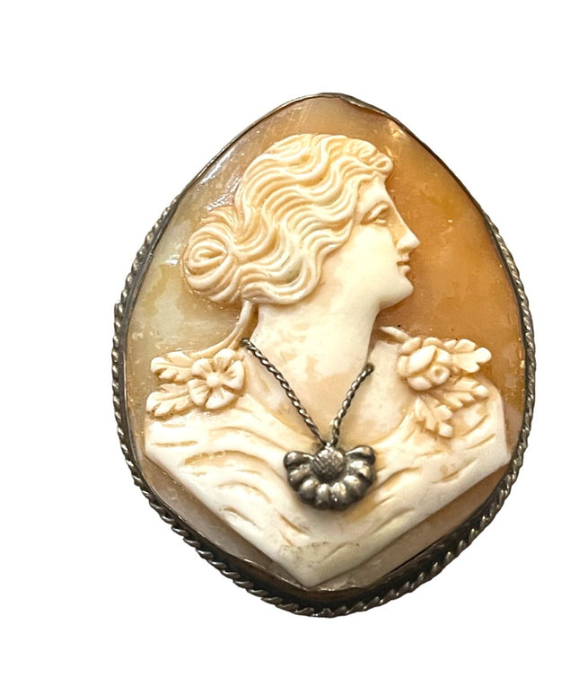 Stunning sterling silver Antique Hand made carved large brooch cameo