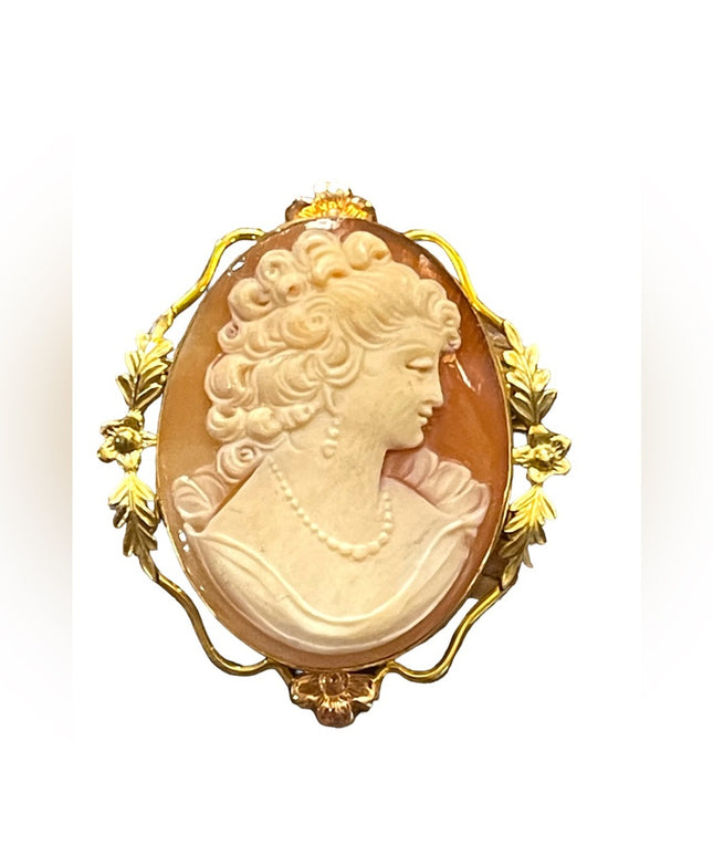 Vintage 1950s 12k gold filled Van Dell Carved shell Cameo brooch pendant design