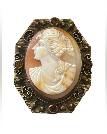 Vintage Art Deco style gold finish brass hand carved ornate filagree Cameo