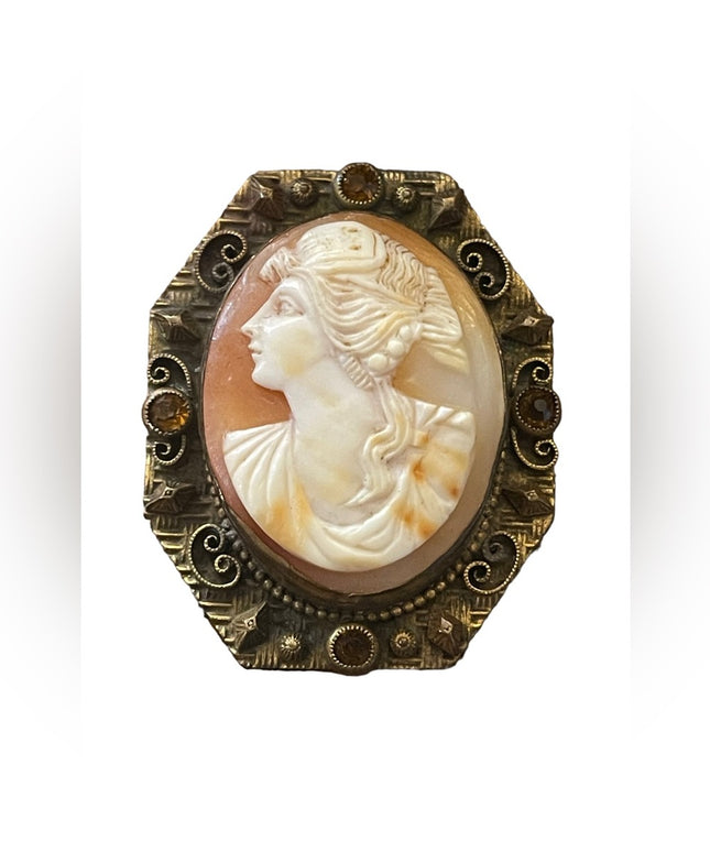 Vintage Art Deco style gold finish brass hand carved ornate filagree Cameo