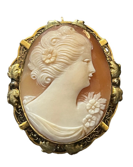 stunning 1950s Rainbow 14k Gold filled ornate carved shell cameo brooch pendant