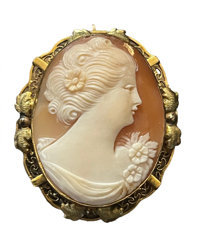 stunning 1950s Rainbow 14k Gold filled ornate carved shell cameo brooch pendant