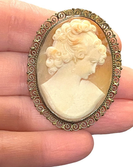 Vintage 1940s 800 silver Ornate filagree design hand carved shell large cameo