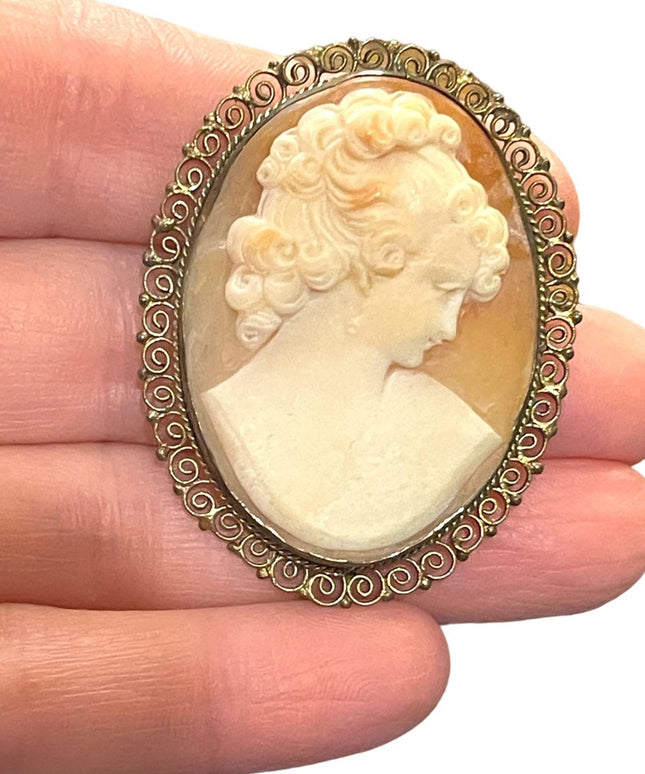 Vintage 1940s 800 silver Ornate filagree design hand carved shell large cameo