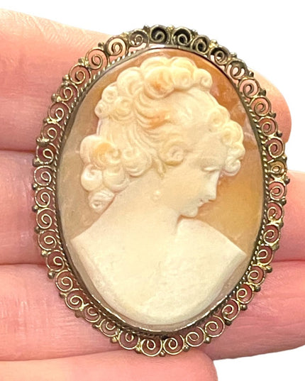 Vintage 1940s 800 silver Ornate filagree design hand carved shell large cameo