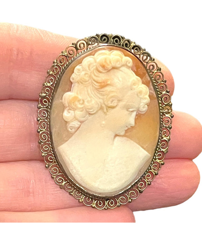 Vintage 1940s 800 silver Ornate filagree design hand carved shell large cameo