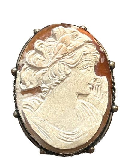Vintage 1930s 800 Italy silver carved shell cameo brooch pendant Large