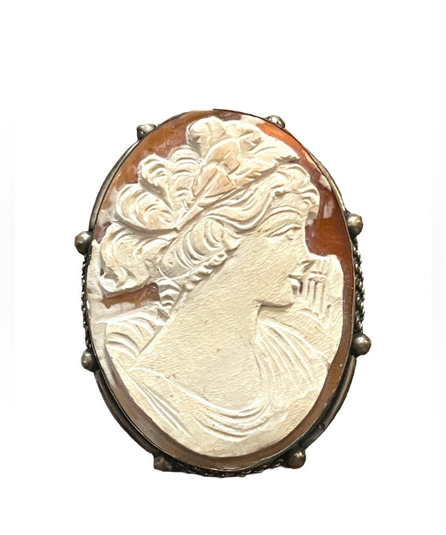Vintage 1930s 800 Italy silver carved shell cameo brooch pendant Large
