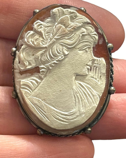 Vintage 1930s 800 Italy silver carved shell cameo brooch pendant Large