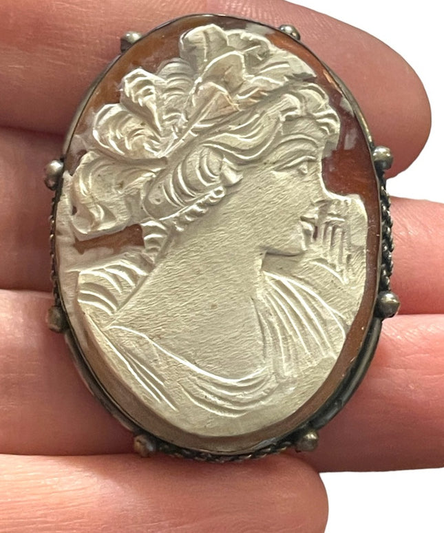 Vintage 1930s 800 Italy silver carved shell cameo brooch pendant Large