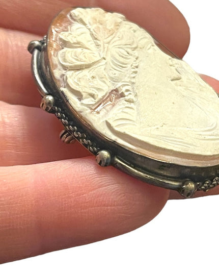 Vintage 1930s 800 Italy silver carved shell cameo brooch pendant Large