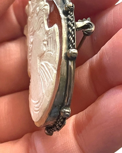 Vintage 1930s 800 Italy silver carved shell cameo brooch pendant Large