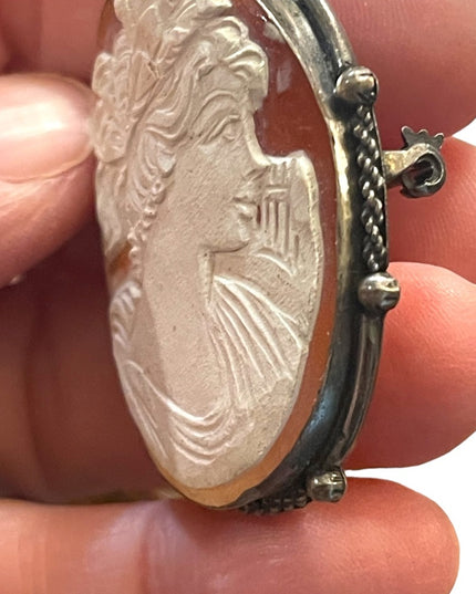 Vintage 1930s 800 Italy silver carved shell cameo brooch pendant Large