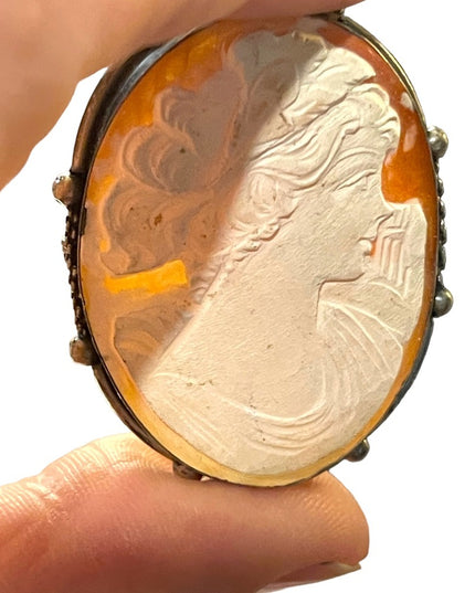 Vintage 1930s 800 Italy silver carved shell cameo brooch pendant Large