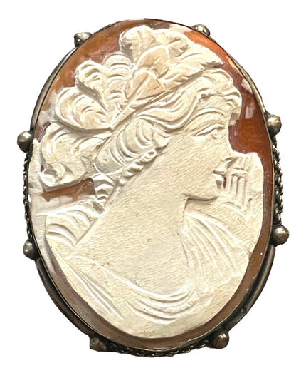 Vintage 1930s 800 Italy silver carved shell cameo brooch pendant Large