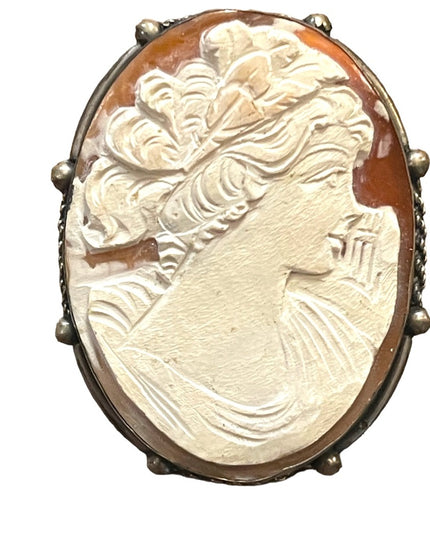 Vintage 1930s 800 Italy silver carved shell cameo brooch pendant Large