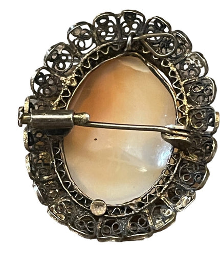 Antique Ornate filagree 800 silver Hand carved shell cameo brooch pendant