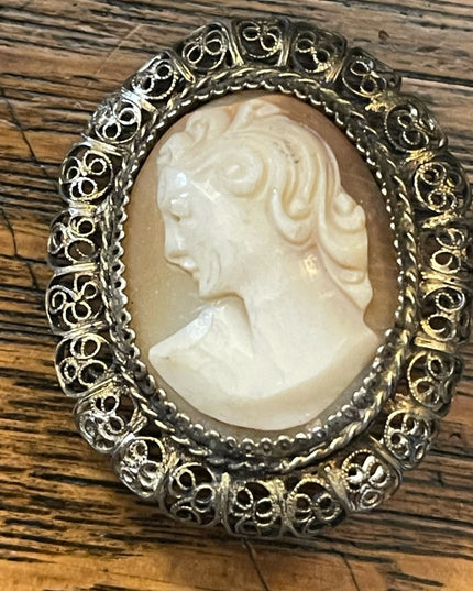 Antique Ornate filagree 800 silver Hand carved shell cameo brooch pendant