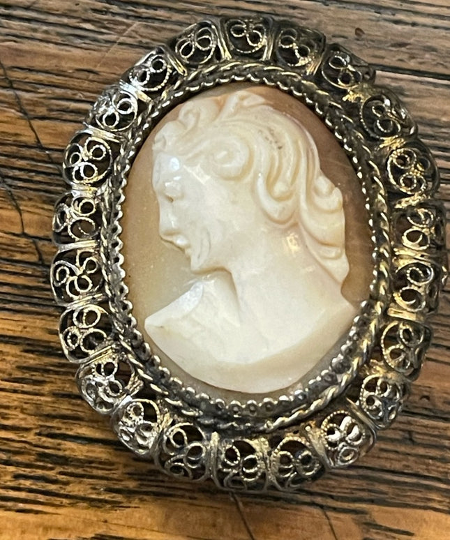 Antique Ornate filagree 800 silver Hand carved shell cameo brooch pendant