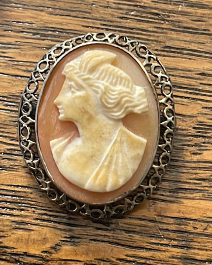 Antique Ornate filagree 800 silver Hand carved shell cameo brooch pendant