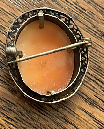 Antique Ornate filagree 800 silver Hand carved shell cameo brooch pendant