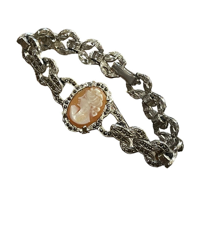 Vintage Silver finish marcasite carved shell cameo fancy bracelet