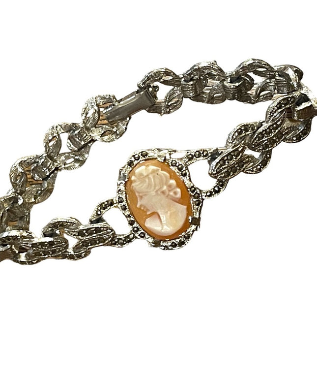 Vintage Silver finish marcasite carved shell cameo fancy bracelet