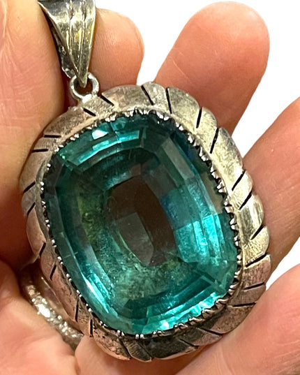 Large Sterling silver blue topaz glass Vintage Mexico 935 Sterling heavy pendant