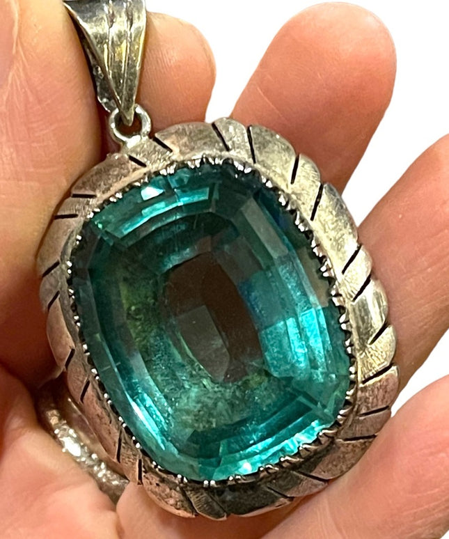 Large Sterling silver blue topaz glass Vintage Mexico 935 Sterling heavy pendant