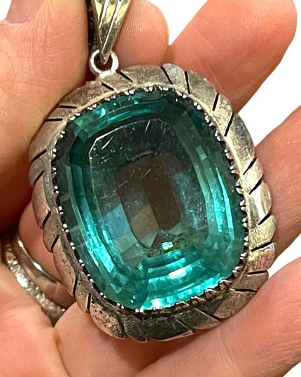 Large Sterling silver blue topaz glass Vintage Mexico 935 Sterling heavy pendant