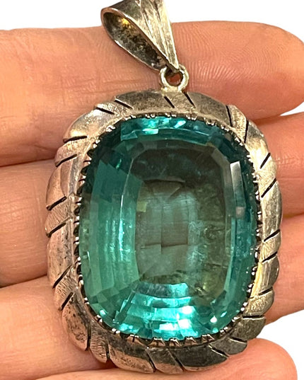 Large Sterling silver blue topaz glass Vintage Mexico 935 Sterling heavy pendant