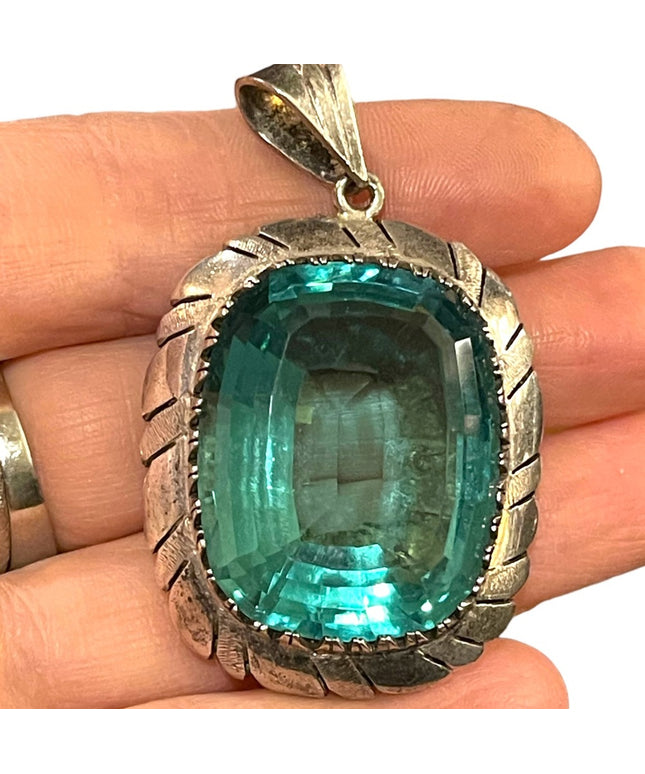 Large Sterling silver blue topaz glass Vintage Mexico 935 Sterling heavy pendant