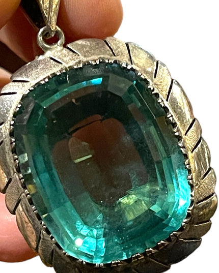 Large Sterling silver blue topaz glass Vintage Mexico 935 Sterling heavy pendant