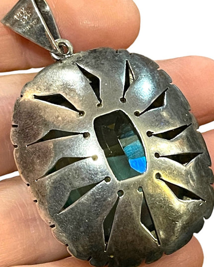 Large Sterling silver blue topaz glass Vintage Mexico 935 Sterling heavy pendant