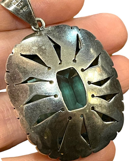 Large Sterling silver blue topaz glass Vintage Mexico 935 Sterling heavy pendant