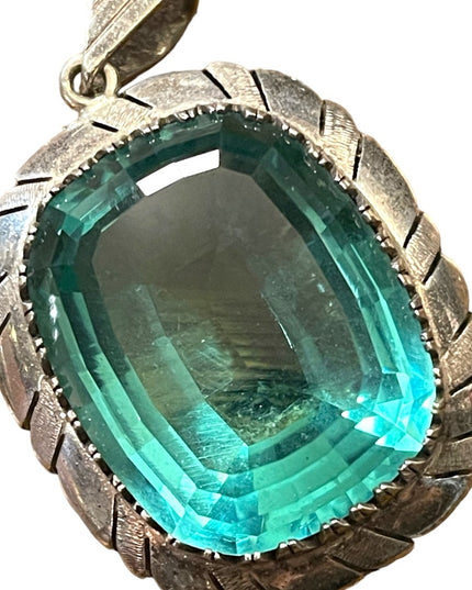 Large Sterling silver blue topaz glass Vintage Mexico 935 Sterling heavy pendant