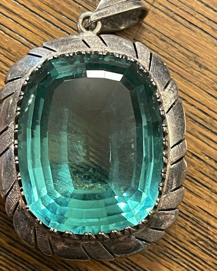 Large Sterling silver blue topaz glass Vintage Mexico 935 Sterling heavy pendant
