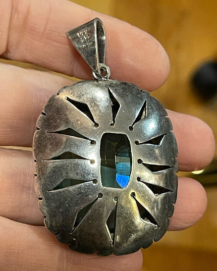 Large Sterling silver blue topaz glass Vintage Mexico 935 Sterling heavy pendant