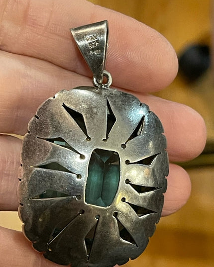 Large Sterling silver blue topaz glass Vintage Mexico 935 Sterling heavy pendant