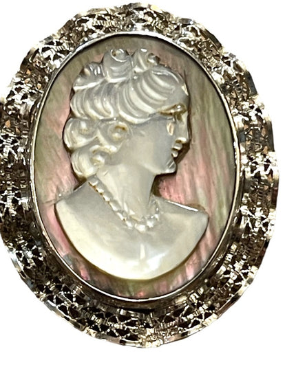 Vintage 1980s Sorrento Sterling silver Abalone Ornate filagree precious cameo