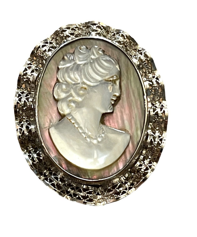 Vintage 1980s Sorrento Sterling silver Abalone Ornate filagree precious cameo
