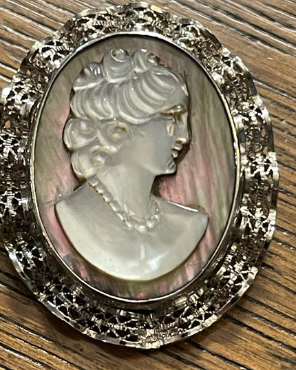 Vintage 1980s Sorrento Sterling silver Abalone Ornate filagree precious cameo