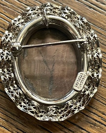 Vintage 1980s Sorrento Sterling silver Abalone Ornate filagree precious cameo