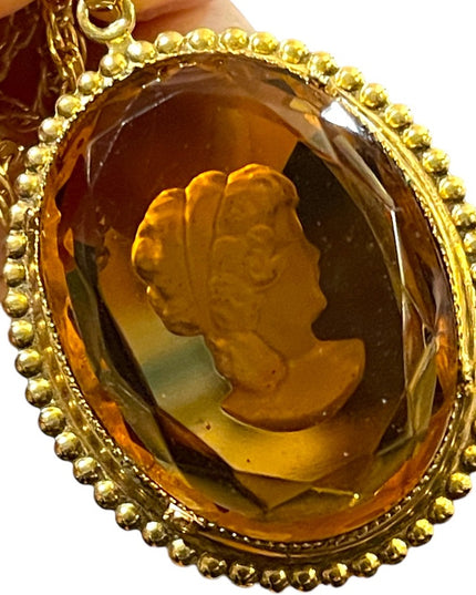 Vintage large Amber glass etched intalgio reverse  cameo gold finish necklace