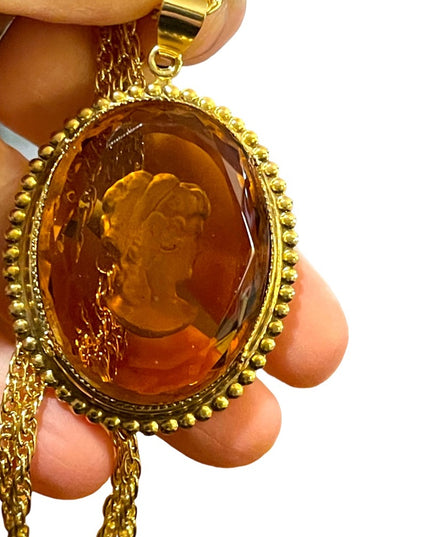 Vintage large Amber glass etched intalgio reverse  cameo gold finish necklace