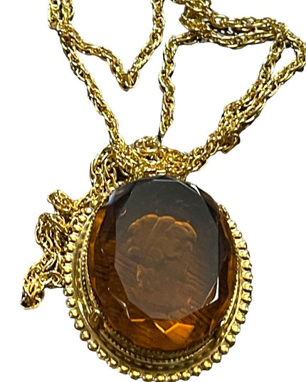 Vintage large Amber glass etched intalgio reverse  cameo gold finish necklace